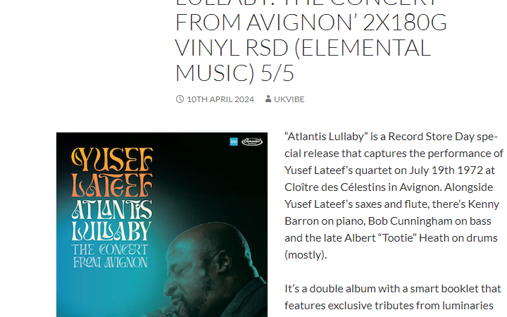 YUSEF LATEEF ‘ATLANTIS LULLABY: THE CONCERT FROM AVIGNON’ 2X180G VINYL RSD (ELEMENTAL MUSIC) 5/5